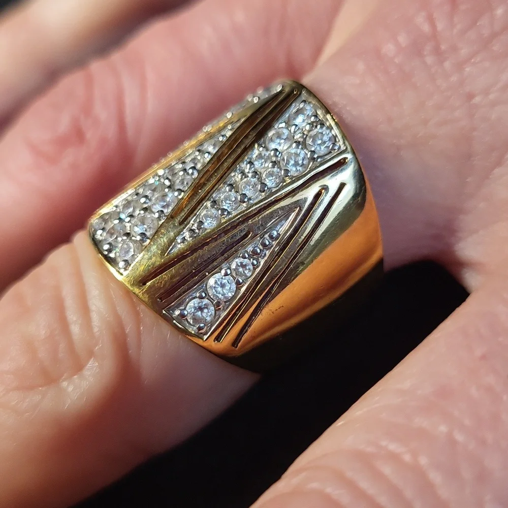 Beautiful 925 Vermeil 10k Gold Over Sterling Silver CZ Cocktail/Cigar Band Ring